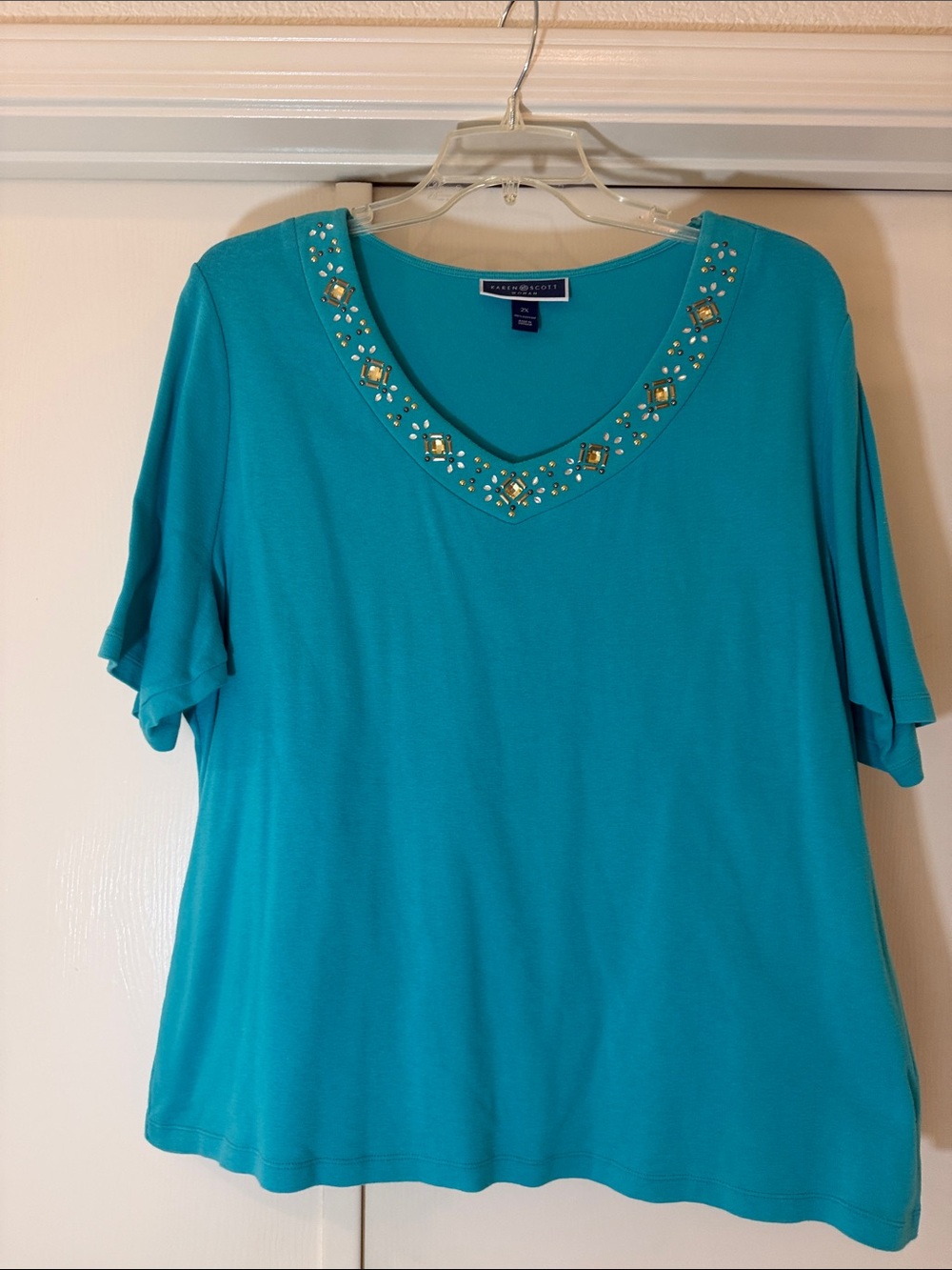 Karen Scott Teal V-Neck Short Sleeve Top with Gold Embellishments